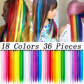 36 Iepakojumi Sintētisko Krāsu Klipu Viens Gabals Taisni Krāsains Varavīksnes Matu Pieaudzēšana 22 Collu Hairpieces Uzsver Bērniem